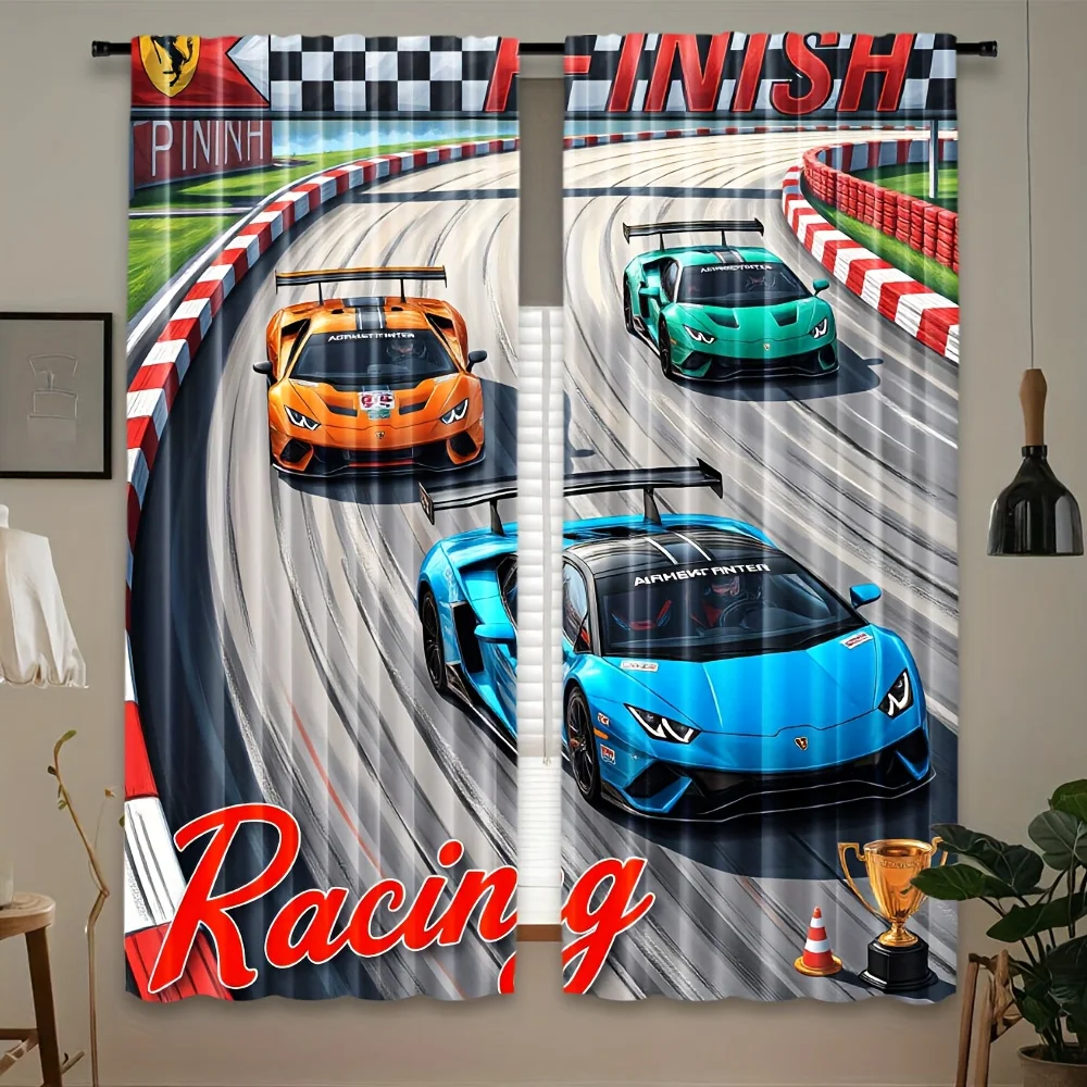 Sports Super Racing Car Curtain 2 Panels Race Track Checkered Finish Line Background Master Bedroom Curtain Boy Racing Hobby