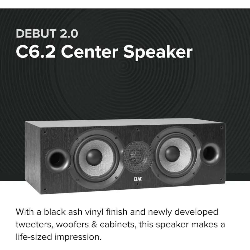 Debut 2.0 C6.2 Center Channel Speaker, Black - 1” Cloth Dome Tweeter & Dual 6.5” Aramid Fiber Woofers