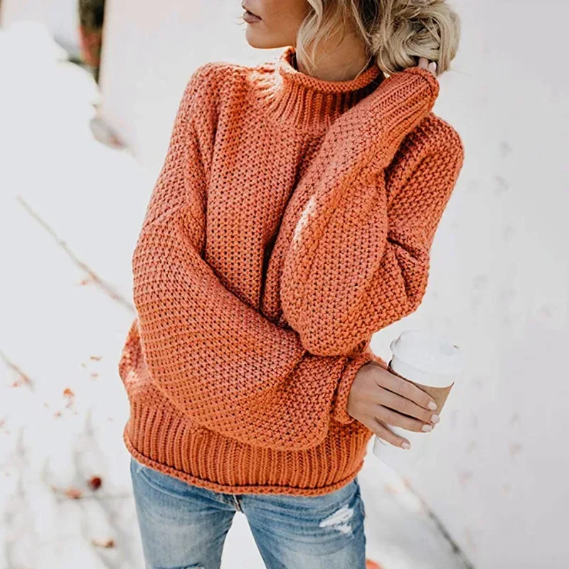 Europe and America Solid Color Casual Knitted Pullover Sweater, Women's Autumn/winter Loose Turtleneck Long-sleeved Knit Sweater