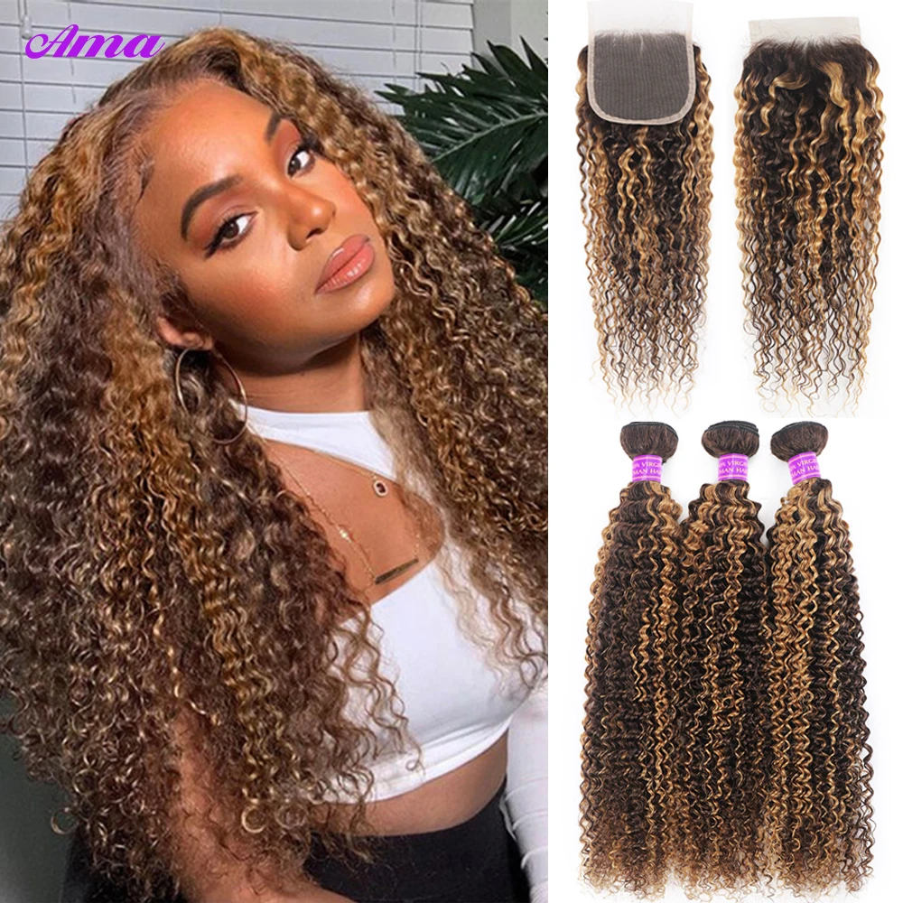 P4 27 Highlight Bundles With Closure Kinky Curly Bundles With Closure 3/4 PCS Human Hair Bundles With Closure Free Part 4x4 Inch