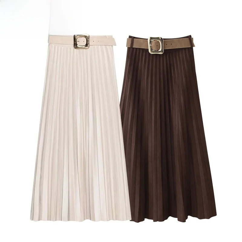 

Fall New Arrival Women's Velvet Effect Pleated Midi Skirt with Belt High Waist Ci Commute Polyester Fiber Straight Cut