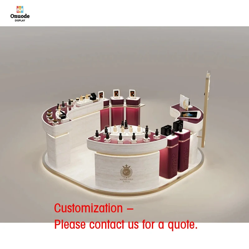 custom.Trendy Compact Perfume Kiosks | Refined Wood & Gold Displays with Full Design Solutions Perfume Display Shop