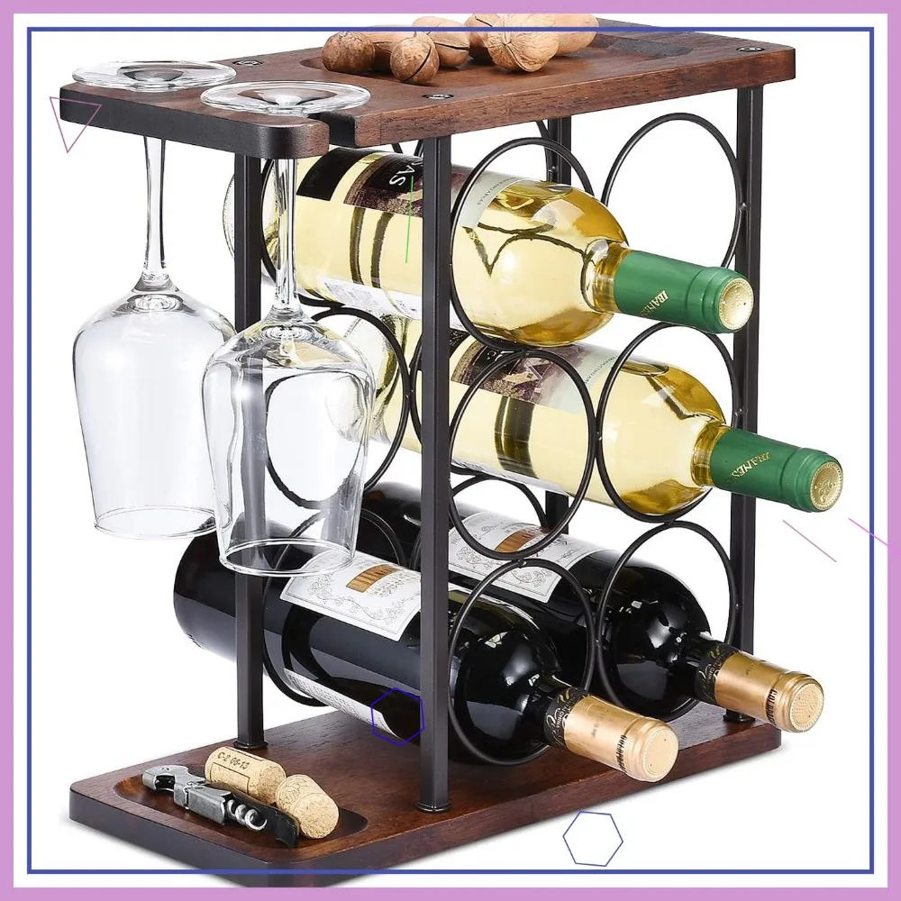 

Wooden Wine Rack with Glass Holder, Holds 6 Bottles and 2 Glasses for Home Decor and Kitchen Storage