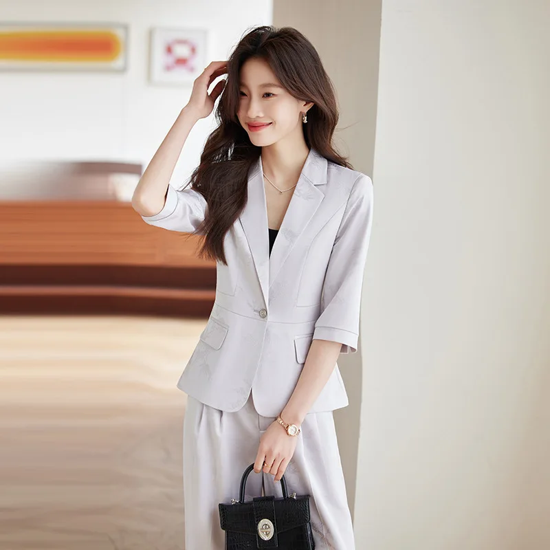 Colore champagne Primavera Estate Autunno Nuovo blazer professionale casual con maniche a tre quarti con colletto piccolo e pantaloni Two-Pi