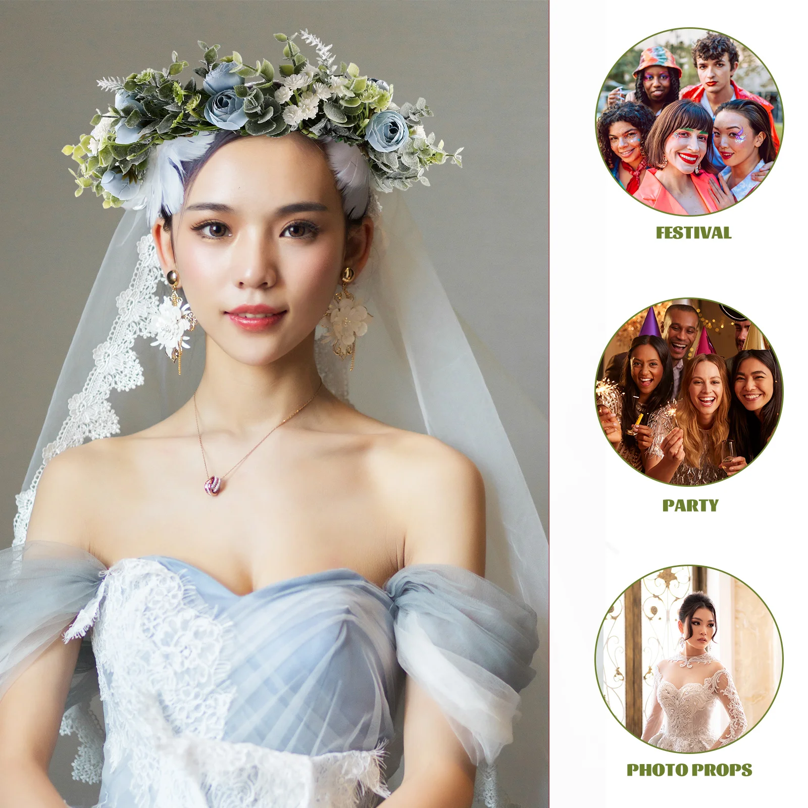 

1Pcs Elegant Floral Bridal Wreath Headband Blue Handmade Wedding Party Accessory Lightweight Comfortable Hair Hoop