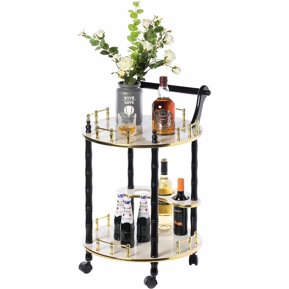 عربة تقديم خشبية مستديرة مع أرفف من طبقتين وعجلات دوارة، باللون الأبيض