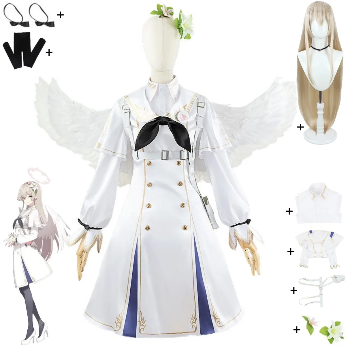 

Anime Game Blue Archive Kirifuji Nagisa Cosplay Costume White Evening Dress Lolita Wig Wing Woman Lovely Carnival Halloween Suit