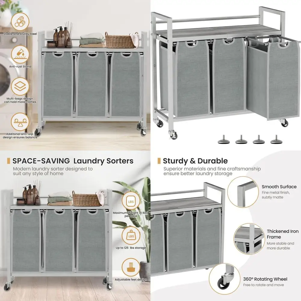 

3-секционная корзина для белья с колесиками и съемными сумками для организации дома (серый)
