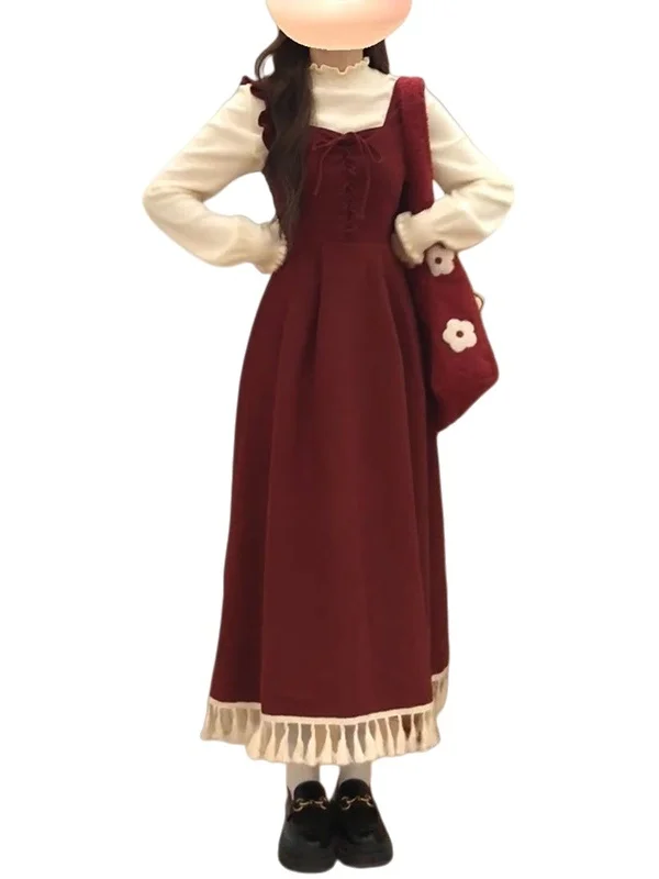 Elegant Red Tassel Vest Dress Two-Piece Set Layering Base Shirt College Style Fashion Women's Clothing Winter Season view 5