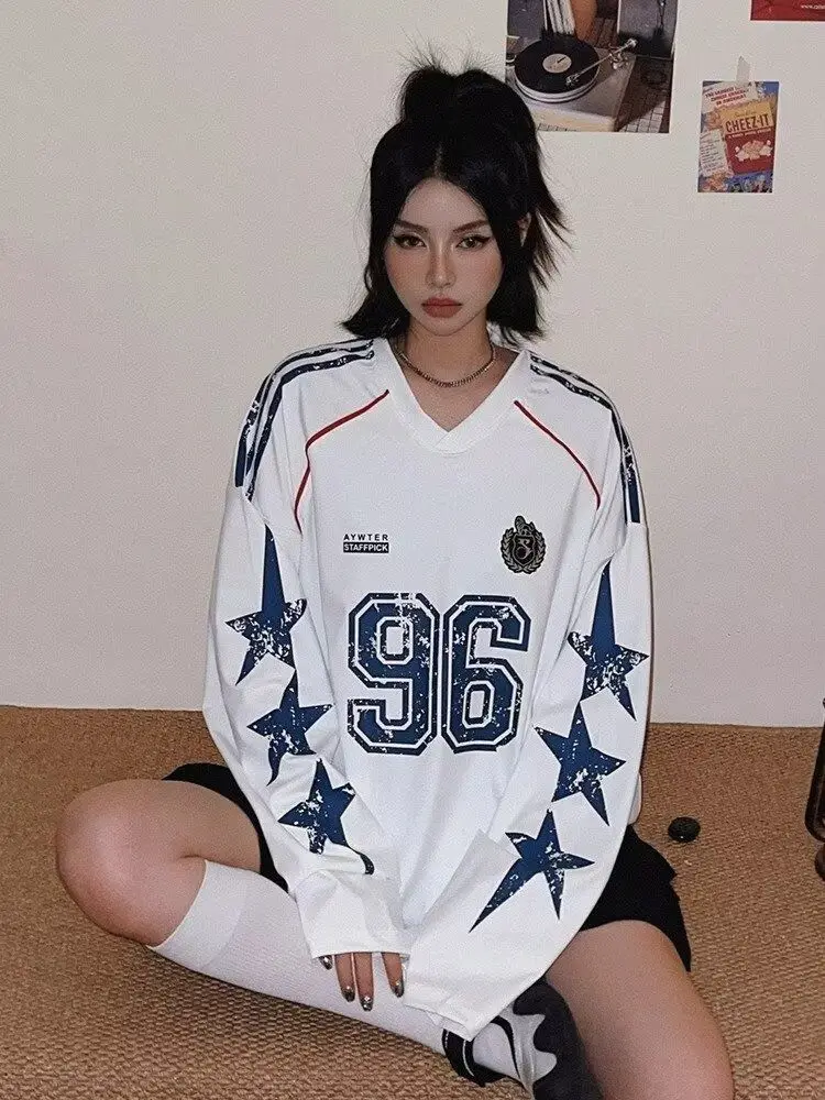 

American Retro Letter V-neck Long Sleeved T-shirt Spring Autumn New Striped Sweatshirt Women Fashion Trend All-match Tops