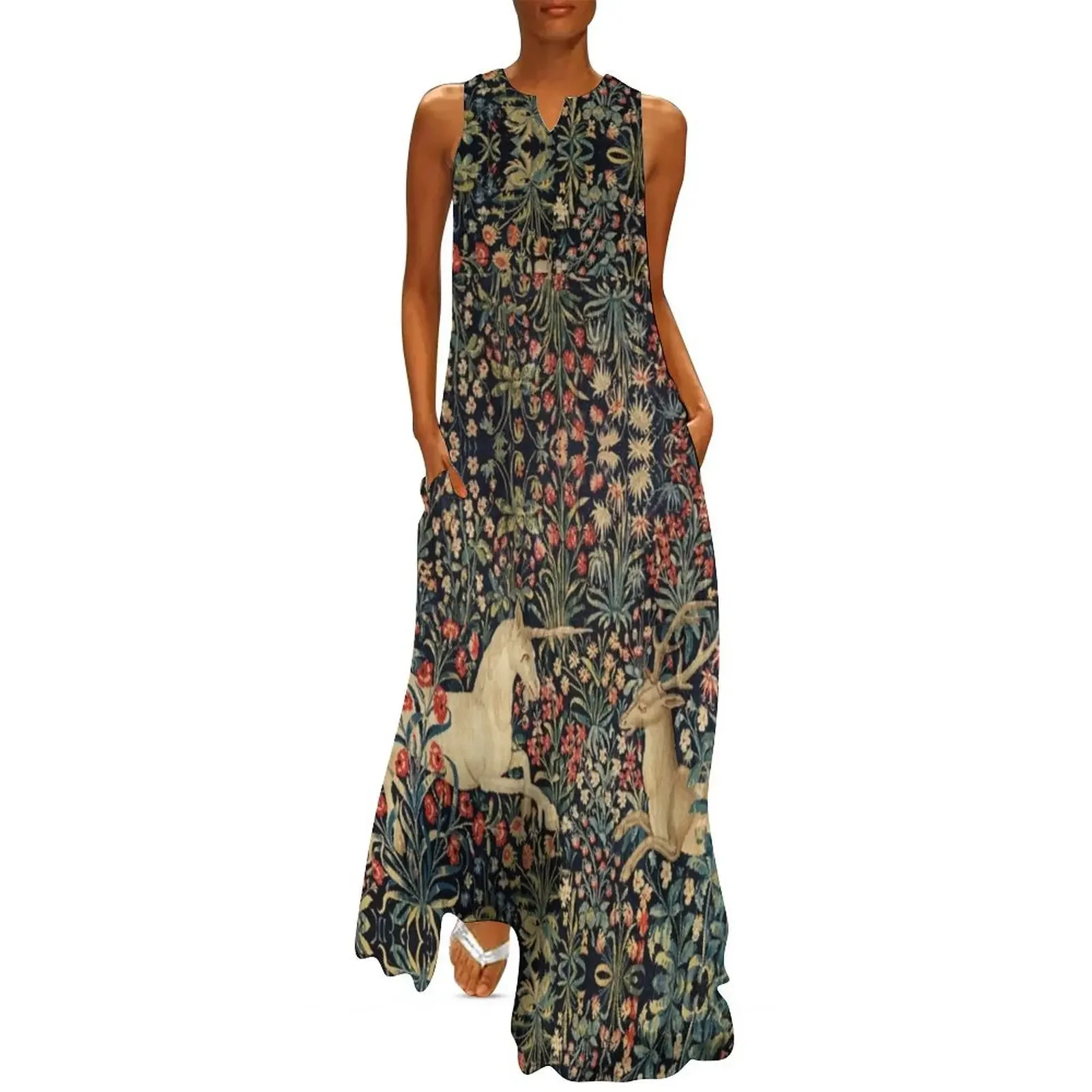 

UNICORN AND DEER AMONG FLOWERS, FOREST ANIMALS FLEMISH FLORAL Long Dress Evening gown Women dresses summer Dress