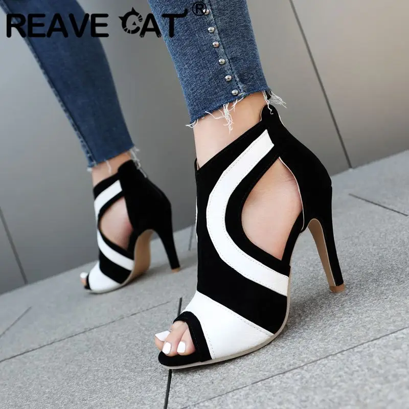 REAVE CAT seksowne sandały damskie Peep Toe na cienkim obcasie 10cm mieszane kolory 45 46 47 modne randki buty imprezowe lato