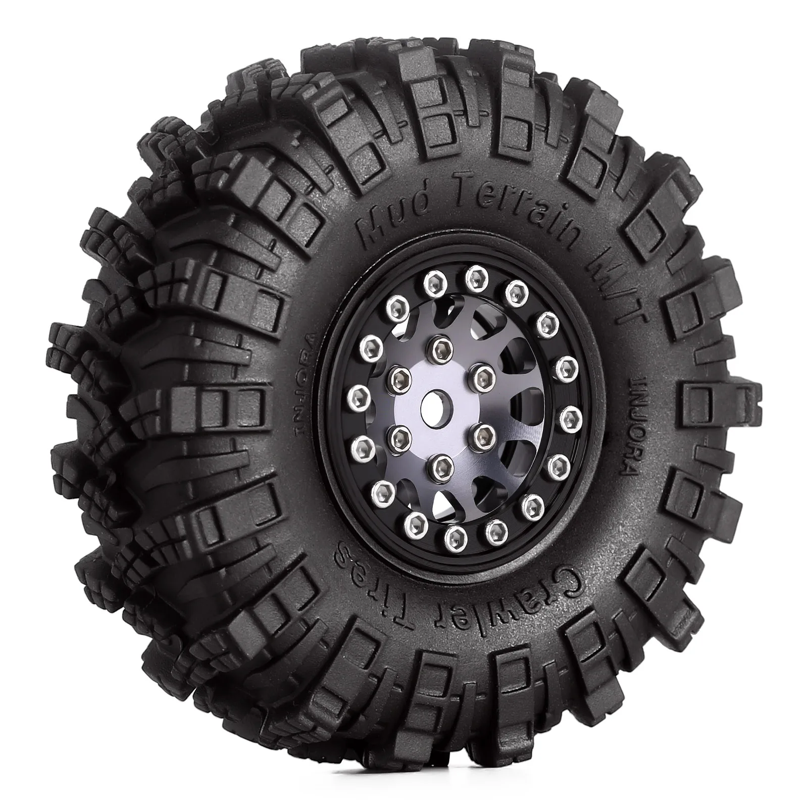 INJORA 1.0 Beadlock Wheel Rims Mud Terrain Tires Set For 1/24 RC Crawler Car Axial SCX24 FMS FCX24 Enduro24 AX24 (W1049-T1007)