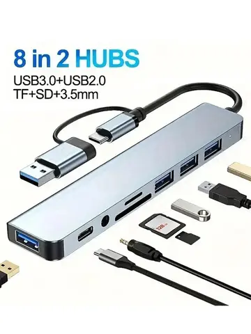 8 in 2 Docking Station USB Type C HUB with 3.5mm Audio Jack Adapter Micro SD Card Reader Laptop Tablet Phone Disk Converter