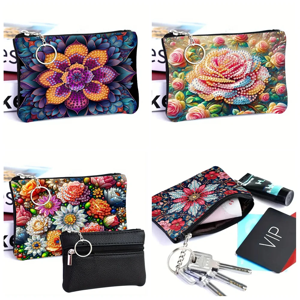 

1 шт., сумки для монет с цветами и бриллиантами своими руками на молнии, кошелек из искусственной кожи с кристаллами и стразами для ежедневного использования, подарки на праздник, фестиваль