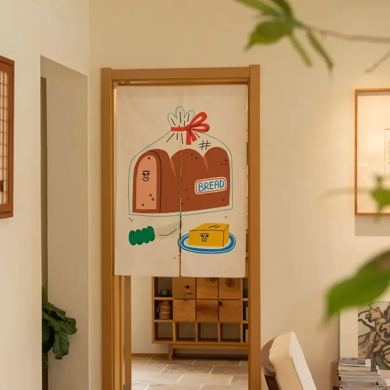 VIKAMA Cartoon Bread Butter Noren Door Curtain Cute Food Print Knife Kitchen Fabric Home Partition Decor
