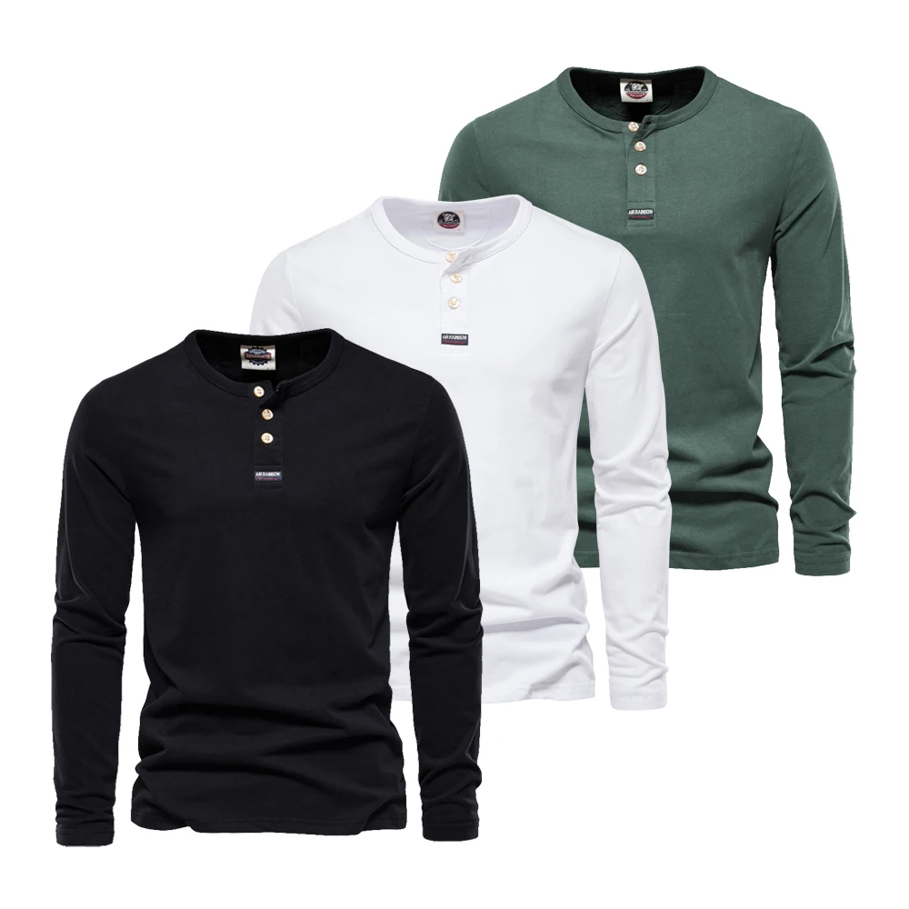 new Multicolor 100% Cotton Henley T-Shirt Men Fashion Casual Basic Long-sleeved Tee Shirt Autumn Inner Men's T-Shirts