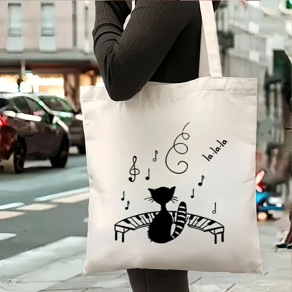

1 X "Lalala" Cat Music Notes on Piano Canvas Tote Bag, Cute And Stylish Music Theme Cat Design, Durable And Versatile, Great for