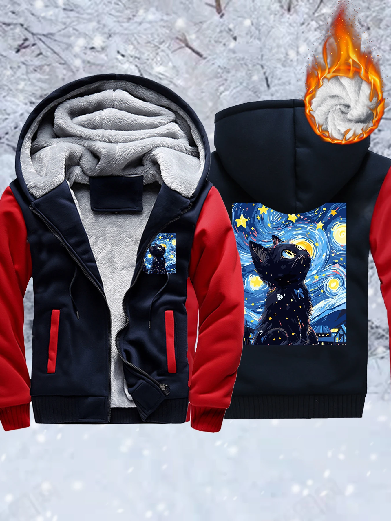 

Colorful Oil Painting Cat Printed Men Thicken Coats Zipper Fleece Hoody Casual Oversized Jacket Winter Camouflage Sportswear