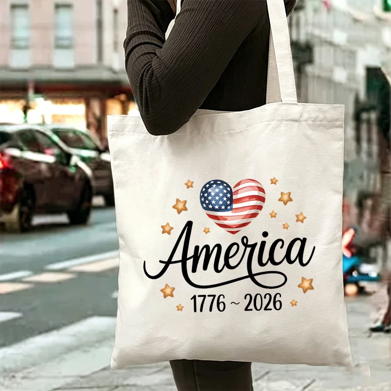 Patriotic USA 250th Anniversary 1776-2026 Heart Flag Tote Bag Faith Family Freedom Canvas Shoulder Bag for Women Men Gift