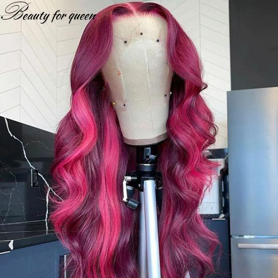 Pelucas de cabello humano con encaje Frontal para mujer, pelo brasileño con línea de pelo Natural, transparente, HD, color rosa