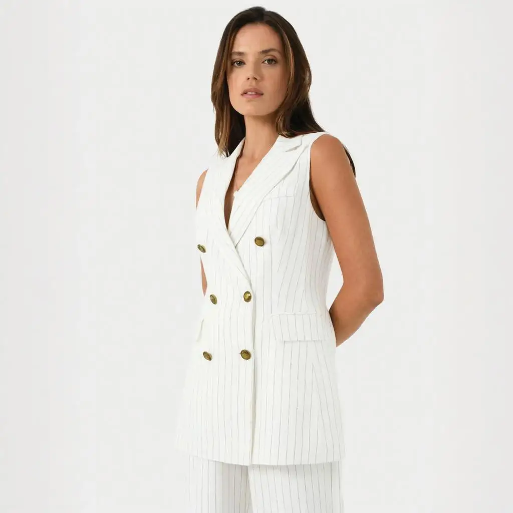 

Полосатые брючные костюмы для женщин, комплект из 2 предметов, костюм без рукавов, блейзер, деловая повседневная одежда, брючный костюм по индивидуальному заказу