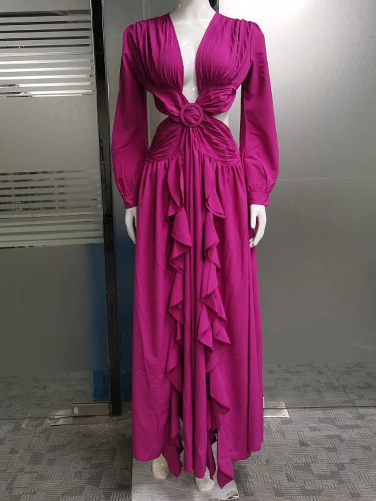 Drauuing Cut Out Maxi Dresses Women Loose Hem Long Sleeve Party Dresses Female Side Hollow Out V Neck Sexy Long Dresses Solid