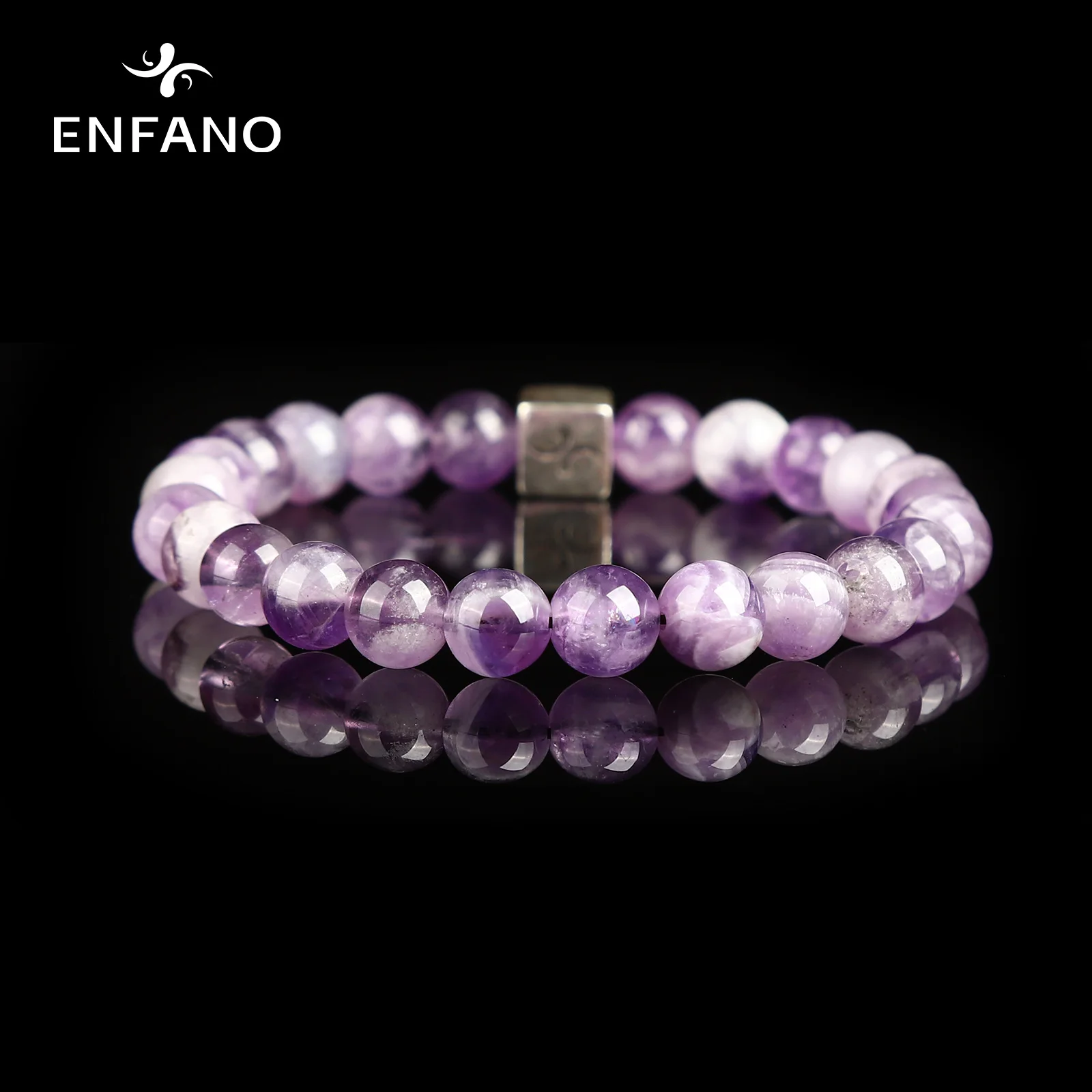 

ENFANO Amethyst Bracelet 8mm Round Bead Bracelet Vintage Women Birthday Gift Size Name Text Personalized Custom Jewelry