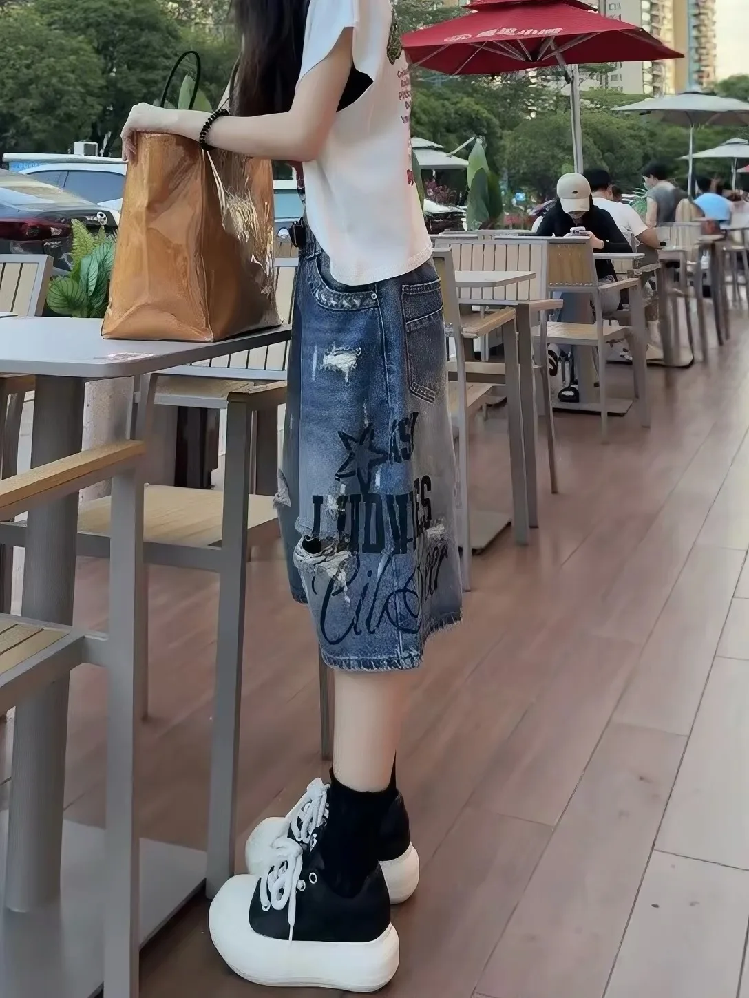 Women's Loose Fit Short Jeans Shorts High Waist Printed Denim Spring Autumn Thin Six Seven Lengthened Cuffed Hole Punching