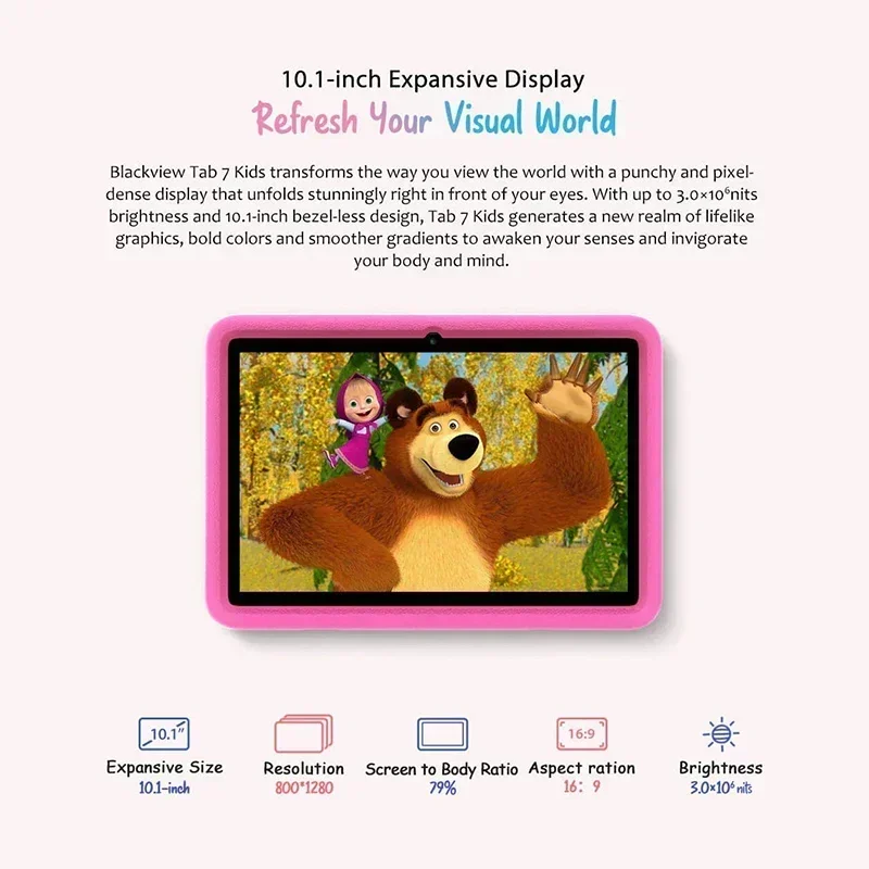 جهاز لوحي Blackview Tab 7 للأطفال بشاشة 10.1 بوصة وذاكرة وصول عشوائي 5 جيجابايت (3+2 قابلة للتوسيع) وذاكرة قراءة فقط 32 جيجابايت وبطارية 6580 مللي أمبير في الساعة ومزود بنظام تشغيل Android 11 وشبكة 4G مزدوجة ومضاد للسق