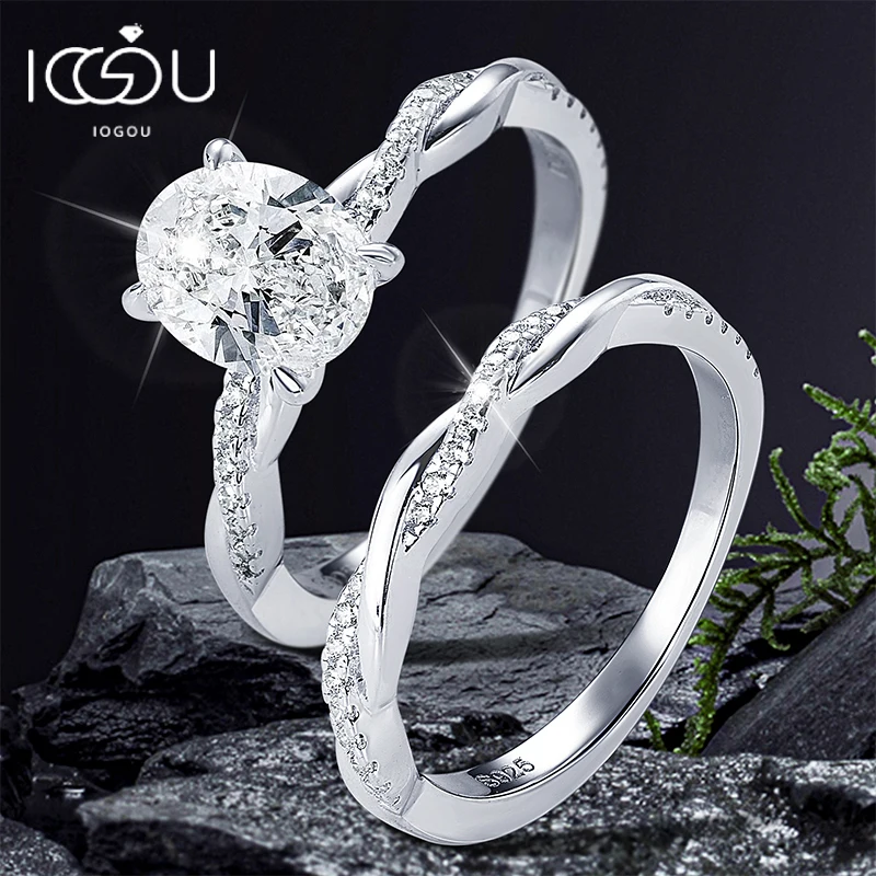 

IOGOU Original 2.0ct Oval Cut Moissanite Ring Set Silver 925 Bands Bridal Wedding Engagement Jewelry Sets with GRA Certificate