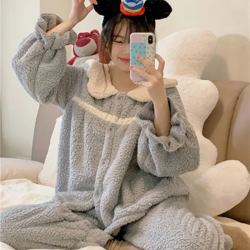 Cute Sleepwear Women Pajama Sets Winter Warm Piiama Fleece Night Wears Button Sets for Women 2 Pieces Solid Ruffles Home Suit