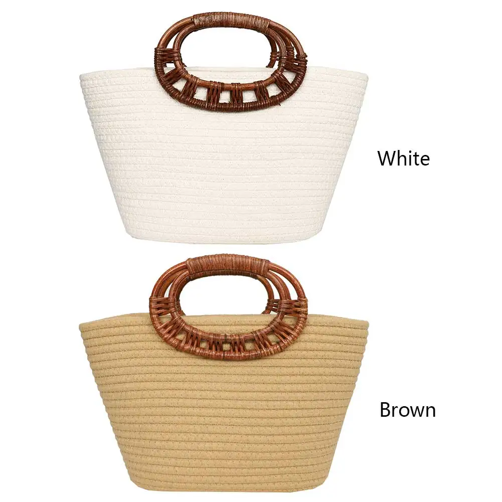 

Women Woven Tote Bag Summer Beach Bags Large Capacity Handmade Cotton Rope Bag Rattan Handle Tote Bucket Bag Weave Handbag