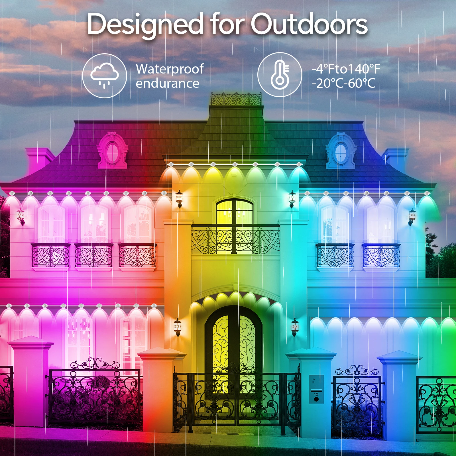 60M & 200FT Permanent Outdoor LED Eaves Lights RGB Waterproof Smart String Lights App Remote Control Color Changing Lamp for House Roof Garden Christmas Holiday Party Daily Accent Lighting 5