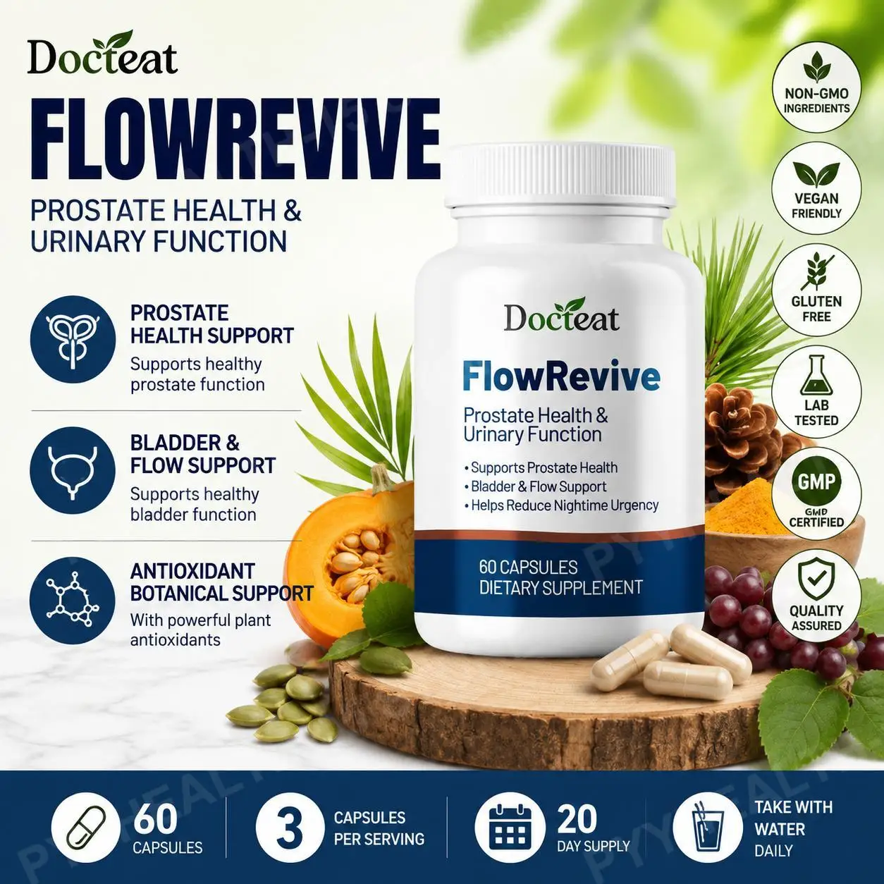 

Docteat FlowRevive Saw Palmetto Prostate Health Supplement for Men with Beta Sitosterol Pygeum Quercetin Curcumin 60 Capsules