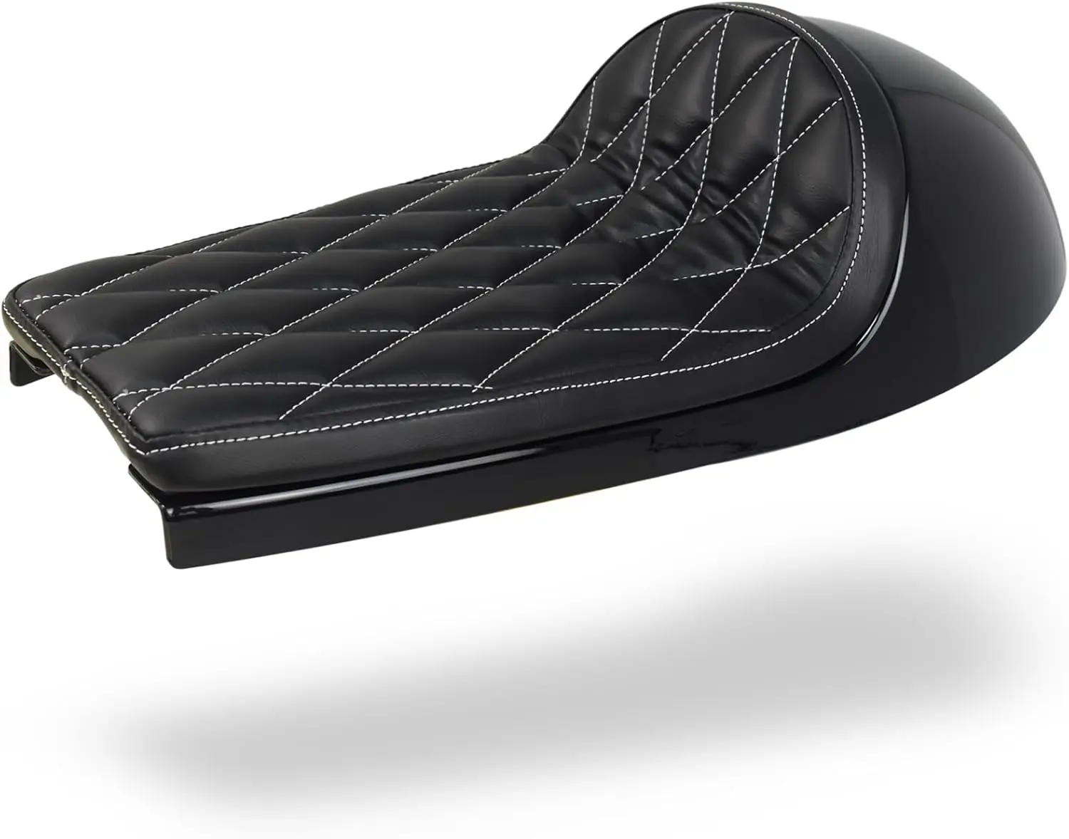 

0399 Hump Motorcycle Retro Cafe Racer Seat with Diamond Pattern White Stitched（gloss black finish subframe modification is requi