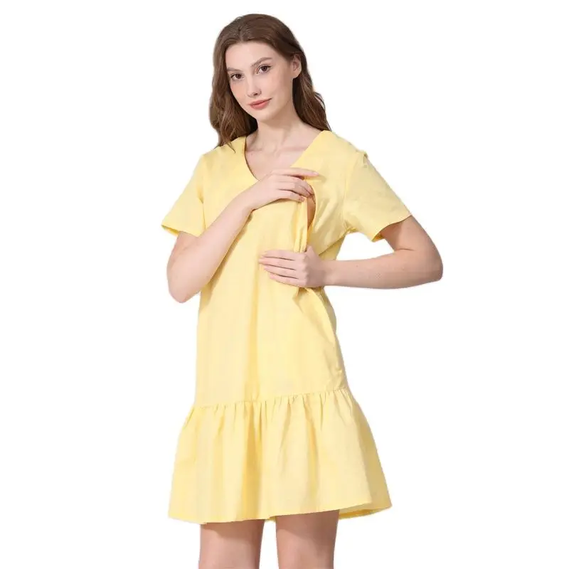 V-Neck Ruffle Hem Maternity Nursing Dress, Loose A-Line Short Sleeve Knee-Length Plus Size Breastfeeding Dress