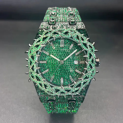 Relojes de cuarzo Droshipping para hombre, caja de flores, reloj de lujo con diamantes para hombre con circonita grande, reloj de mano de moda verde Hip Hop, nuevo