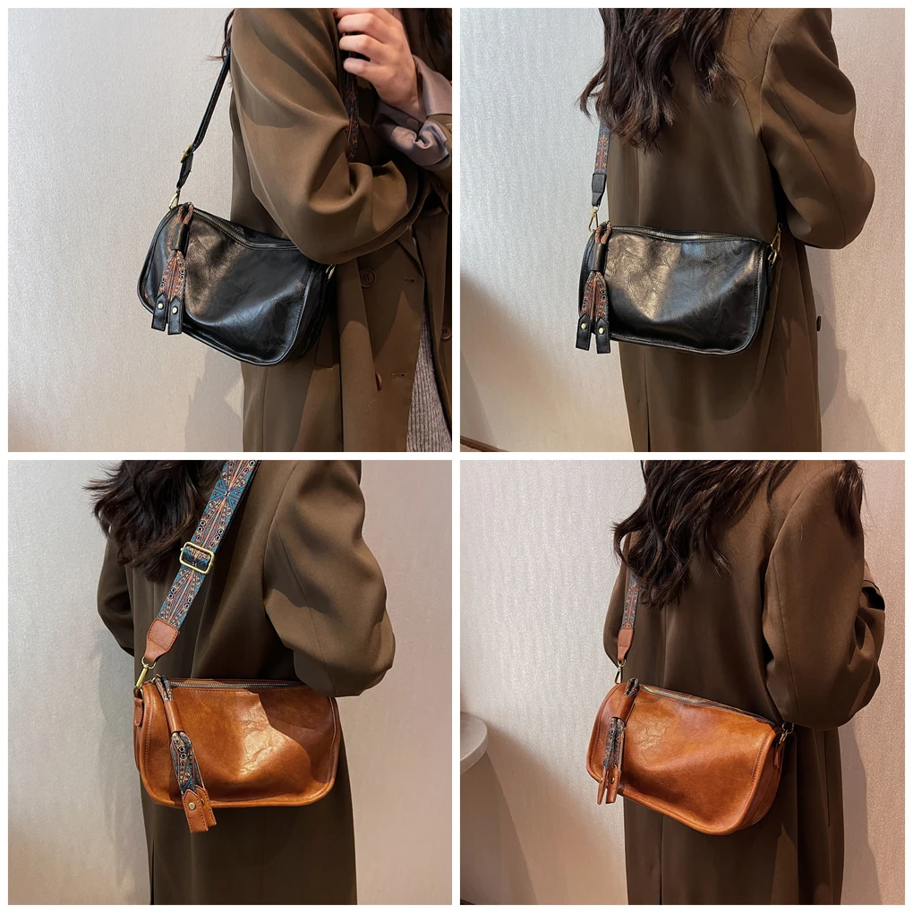 Sac à bandoulière en cuir PU pour femme, sac à main à large sangle, sac à main vintage initié, oreiller de luxe, mode