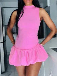 TRAFZA Women Elegant Solid Mini Dress Turtleneck Backless Sleeveless Slim Dresses 2024 Summer Woman Party Pink Ball Gown Dress