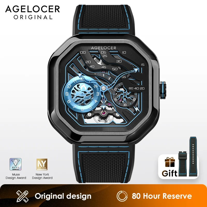 AGELOCER Original Volcano Watch Men\'s Square Luxurious Skeleton Automatic Mechanical Watch Birthday Gift for Men