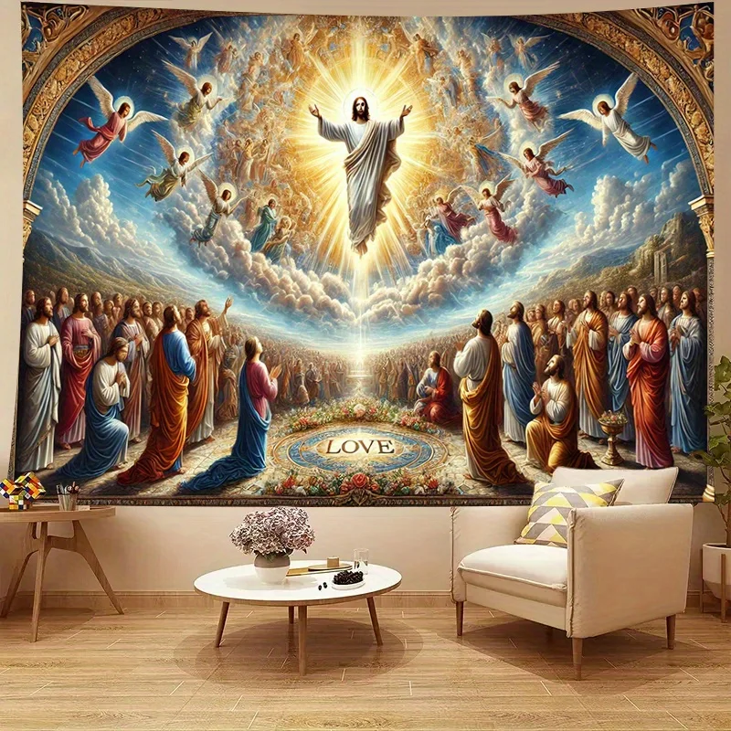 Jesus Christ Tapestry Wall Hanging Religious Ascension Art with Angels Clouds Wall Decor for Living Room Bedroom Home Textile