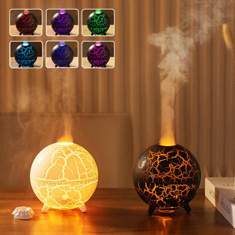 Creative Planet Aromatherapy Machine USB Powered Colorful LED Ambient Light Flame Crack Projection Humidifier for Bedroom