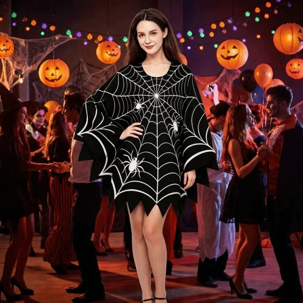 Creative Scary Halloween Spider Web Cloak Creepy Black Shawl Poncho Cape Cosplay Outfit Carnival Costume