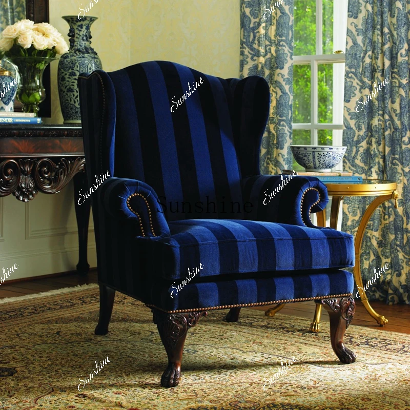 American classical fabric high back tiger chair hotel clubhouse striped single sofa  FT