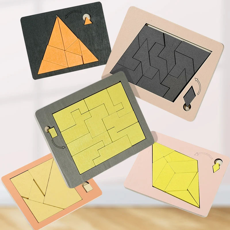 Wooden Puzzle Blocks Geometric Tangram Brain Teasers Jigsaw 3d Logic Iq Game Colorful Shape Pattern Educational Toys Gift