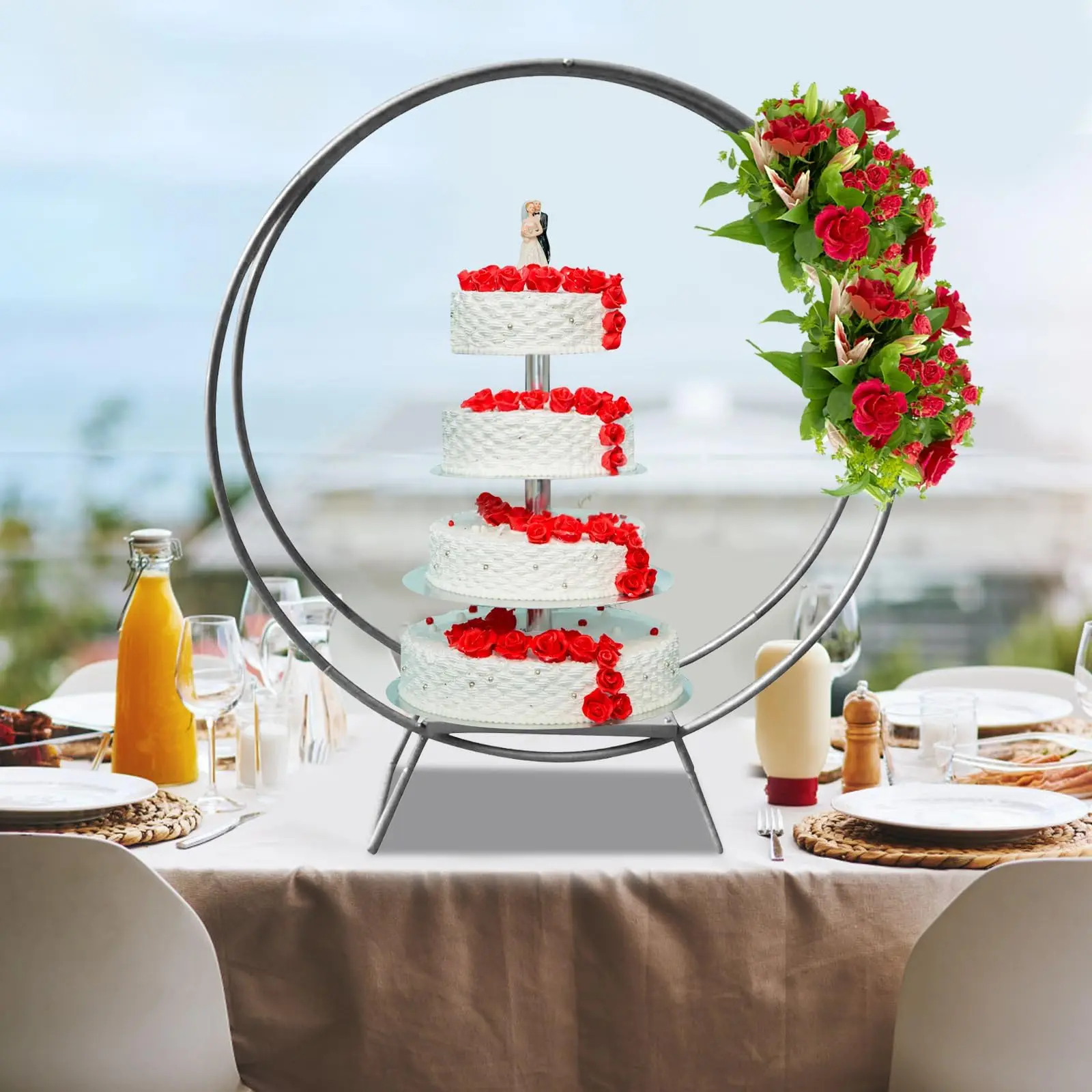 37 Polegada-prata redonda bolo de casamento suporte, bolo & flor expositor, decoração de mesa quadro arco pano de fundo suporte, arco grande bolo