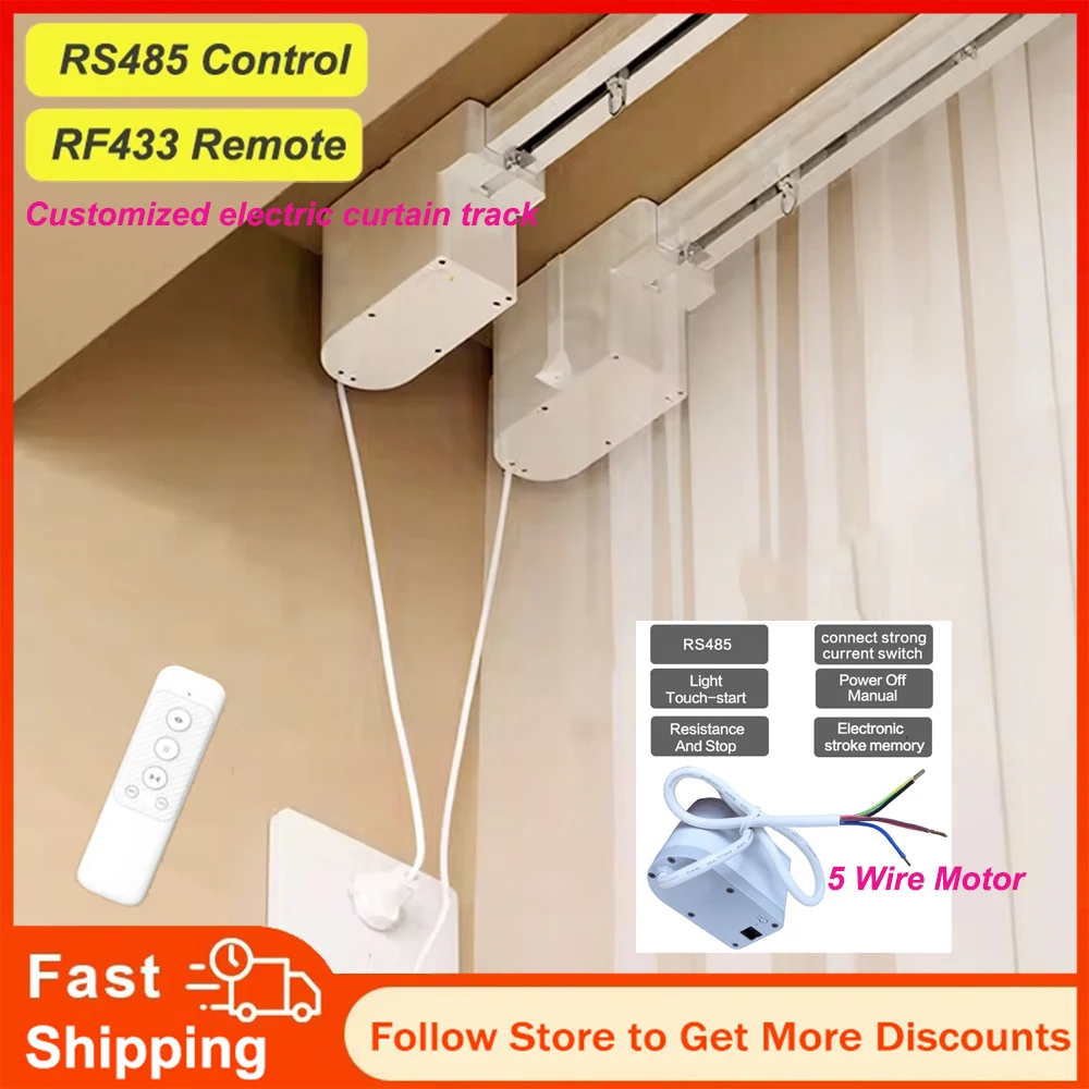 Mini 5-Wire Curtain Motor Track Set with RS485 Contact/RF433 Control Customizable Remote Control Cornice Rail for Home Automatio
