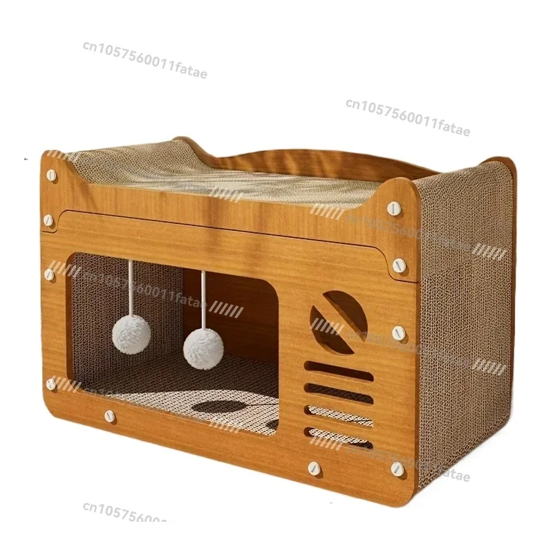 

Cat House with Scratching Pad & Play Balls - Durable, Shed-Free Cardboard Bed for Cats