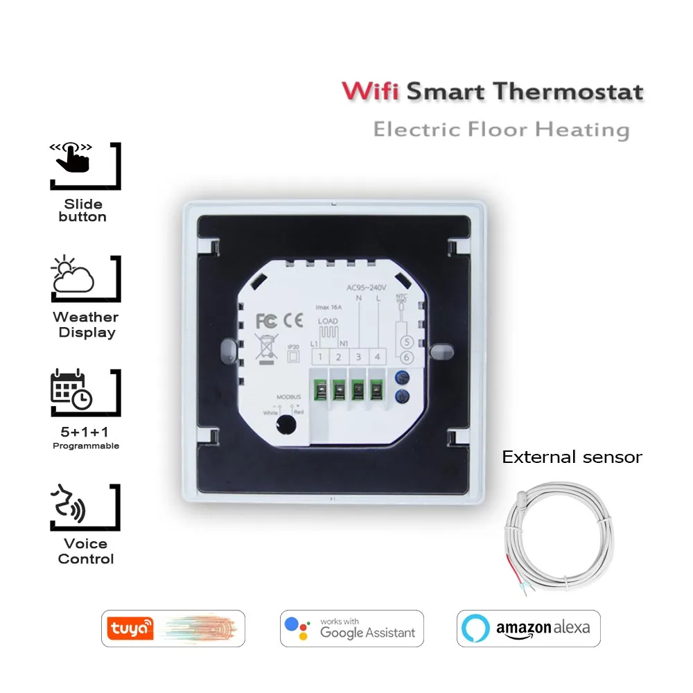 Pengontrol Suhu Termostat Cerdas Wifi 16A Pemanas Lantai Elektrik Bekerja dengan Alexa Google Home